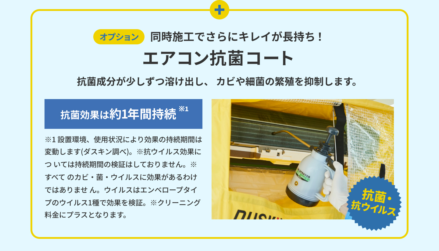 オプションで同時施工でさらにキレイが長持ち!エアコン抗菌コート。抗菌成分が少しずつ溶け出し、 カビや細菌の繁殖を抑制します。