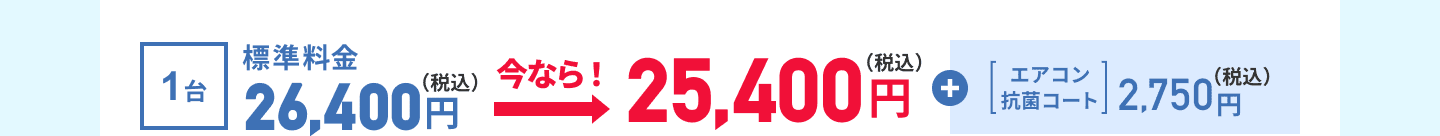 1台の場合、標準価格で税込26,400円のところ、今なら税込25,400円で、1台あたり1,000円お得
